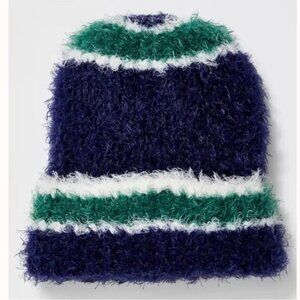 Free People Airy Rib Stripe Beanie One Size Navy Green White Fuzzy Soft NWOT